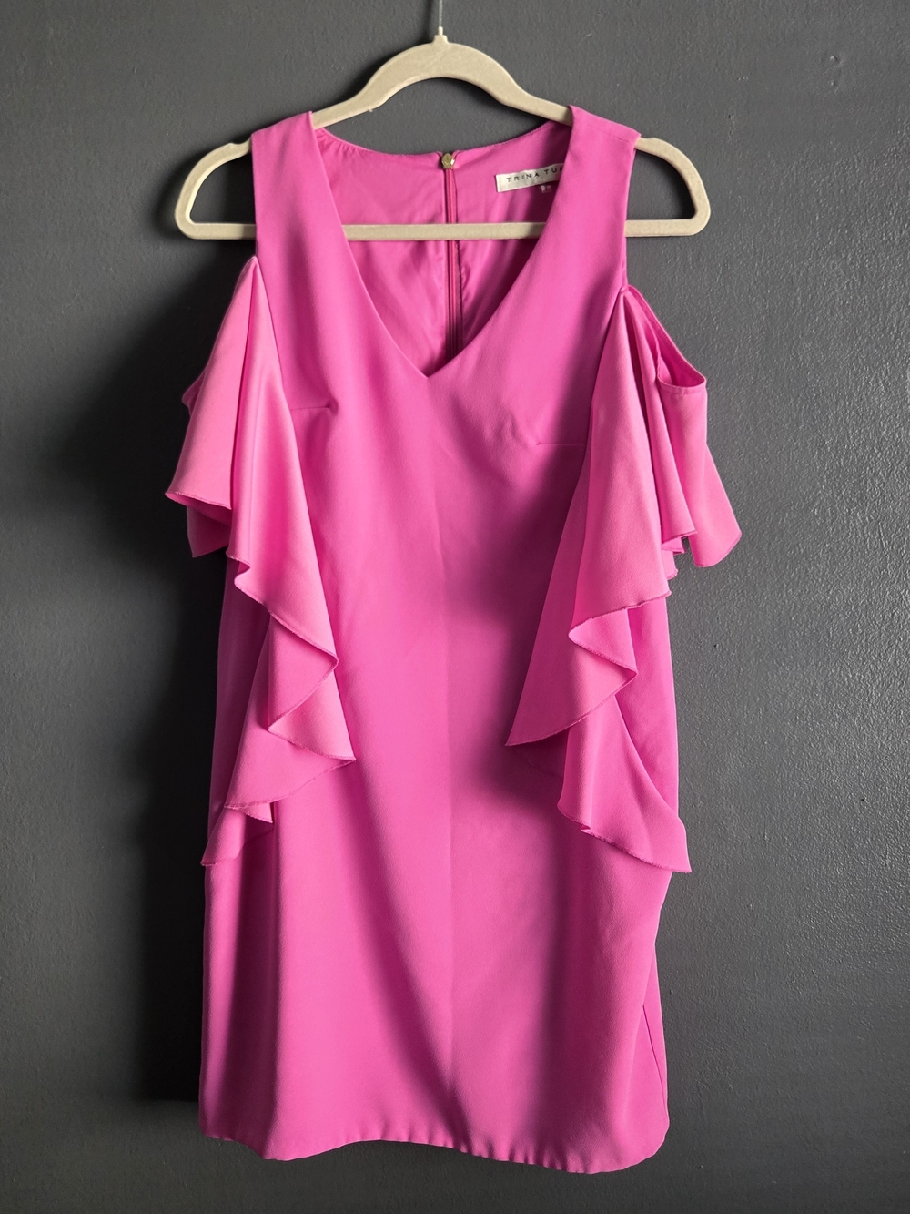 Trina Turk Bright Pink Lambada Cold Shoulder Crepe Ruffle Mini Dress 4